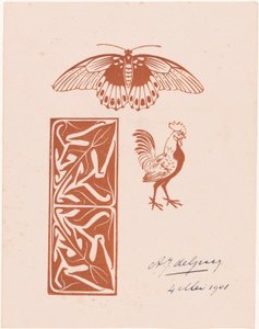 Kelebek, horoz ve yaprak çalışması by Julie de Graag (signed by artist)