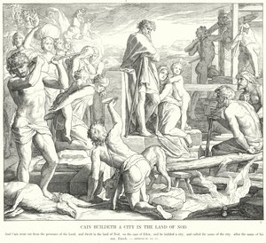 Cain Nod Ülkesinde Bir Şehir İnşa Eder (gravür) by Julius (after) Schnorr von Carolsfeld