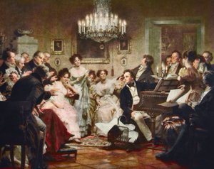 Franz Schubert (1797-1828) Viyana salonundaki bir Schubert Akşamı sırasında piyanoda - Julius Schmid