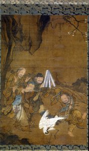 Bir Turna ile Dans Eden Ölümsüzler (ipek üzerine mürekkep ve renkli) by Jun Liu