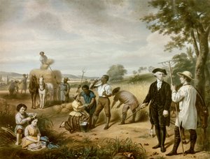 Çiftçi Washington: George Washington (1732-1799), Mont Vernon tarlalarında, Virginia, Fairfax Kontu'ndaki plantasyonu. Sol alt köşede iki üvey çocuğu John ve Martha Parke Custis temsil edilmektedir. Litografi