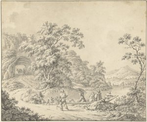 Bir çobanın sürüsüyle birlikte olduğu bir tekne ile manzara by Jurriaan Andriessen (attributed to)