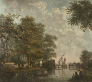 Hollandalı bir manzara ile üç duvar asma Açık bir köprü ile Hollandalı bir manzara duvar kağıdı boyama Hollandalı bir manzaranın üç duvar kağıdı resmi by Jurriaan Andriessen (attributed to)