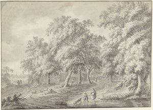 Bir havuzda yürüyen köpek ile anne ve çocuk ile manzara by Jurriaan Andriessen (possibly)