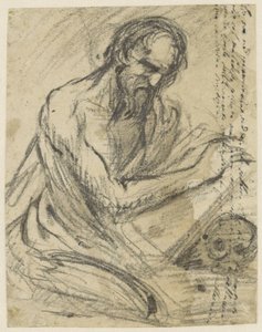 H. Hieronymus, bir kafatasının üzerinde tuttuğu bir kitapta yazıyor by Jusepe de Ribera