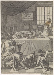 Zoilus bir masada oturuyor De Gustibus non est disputandum (nesne üzerine başlık) by Justus van den Nijpoort