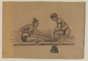 Bir Inuit efsanesi için illüstrasyon (ateş yakan iki çıplak kişi)