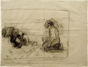 K. Kollwitz, Study on Pflüger (diz çökmüş karısı olan çiftçi) by Käthe Kollwitz