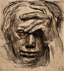 Alnında el ile kendi portre by Käthe Kollwitz