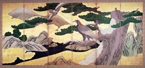 The Hawks in the Pines, 6 panelli paravan (kalem ve mürekkep, renkli, panelde altın) (bkz. 216561)