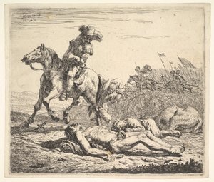 Süvarinin sol omzunun üzerinden topraktaki soyulmuş cesede baktığı savaş alanı..., 1652. by Karel Du Jardin