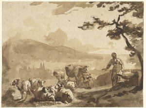 Koyun ve inek sürüsü olan çobanlarla dolu dağ manzarası by Karel Du Jardin