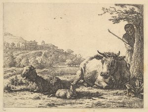 İnek, yetişkin koyun ve genç koyun çimenlerde yatıyor, ötede bir çoban kısmen duruyor ..., 1656. by Karel Du Jardin