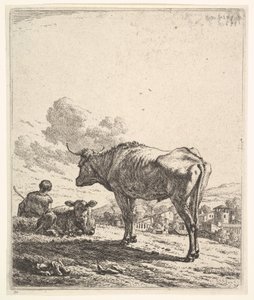 Bir yamaçta inek ve buzağı olan sığır çobanı, arkadan bakıldığında ve ..., 1658