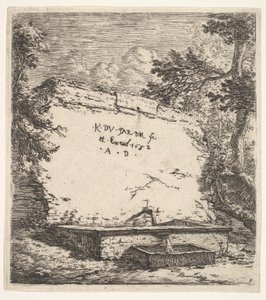 Basamaklı fıskiyeli cephe, su musluğuna su akan bir taş duvar..., 1652. by Karel Du Jardin