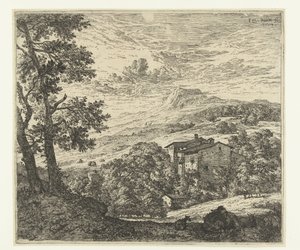 Evler, bir eşek ve iki koyun ile tepelik manzara by Karel Du Jardin