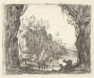 Sol ve sağ ön planda ağaçlarla çevrili manzara, iki goa..., ca. 1641-78. by Karel Du Jardin