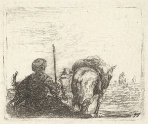 Yük atı, sağ elinde asası olan oturan adam ve köpek, hepsi arkadan görülüyor..., yakl. 1641-78. by Karel Du Jardin