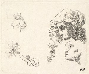 Profil görünümünde kafaların incelenmesi, baş örtülü bir kadın ve kafaları ..., yakl. 1641-78. by Karel Du Jardin