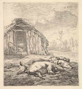 Yanlarında yatan üç domuz, bir domuz ahırı ve ötesinde, 1652.