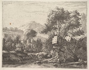 Arkalarında kayalık bir çıkıntı olan bir su kütlesinde ayak bileği derinliğinde duran iki adam, kuzeye..., 1658. by Karel Du Jardin