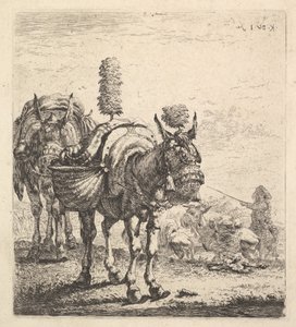 El çantaları taşıyan ve at gözlüğü, tüy ve püsküllerle donatılmış iki katır, bir mu..., yakl. 1641-78.