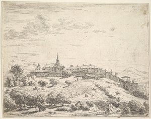 Bir tepe üzerinde duvarlarla çevrili köy, solda kilise ve aşağı yamaçta inşa edilmiş binalar...., 1658. by Karel Du Jardin