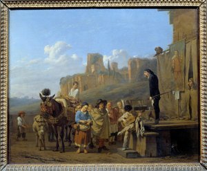 İtalyan şarlatanları, meydanlarda uyuşturucu satan Marchand gezgini. Resim Karel Dujardin (1621-1678) 1657. Soluk 0,44 x 0,52 m