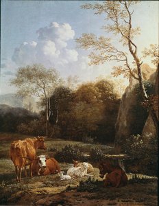 Bir dere yakınında hayvan bocage. Resim Karel Dujardin (1622-1678) 1656 Güneş. 52x43 cm Paris, Louvre Müzesi by Karel Dujardin