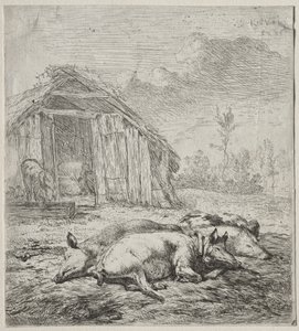 Bir Arpacık Önünde Yatan Üç Domuz by Karel Dujardin