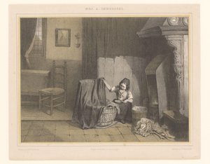 Beşikte bir kızla iç mekan Erken Endişeler by Karel Frederik Bombled