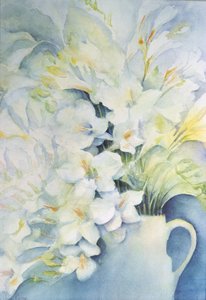 Beyaz bir sürahi içinde frezya, aurora ve balerin by Karen Armitage
