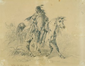 At sırtında siyah ayaklı savaşçı by Karl Bodmer