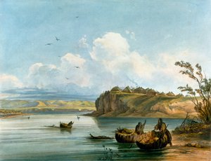 Mandan Kızılderili kadınları, bufalo derisinden yapılmış teknelerde Missouri Nehri'ni geçiyor, Kızılderili Medeniyeti, Amerika Birleşik Devletleri by Karl Bodmer