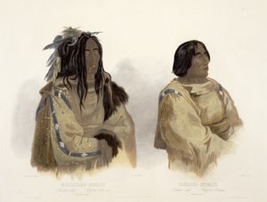 Mehkskeme-Sukahs, Blackfoot Chief ve Tatsicki-Stomick, Piekann Chief, Allais tarafından kazınmış, 1844 (aquatint) 'Kuzey Amerika'nın İçlerindeki Seyahatler'in 2. cildinden plaka 45 by Karl Bodmer