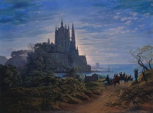 Deniz kenarında bir kayanın üzerinde Gotik kilise. 1815 by Karl Friedrich Schinkel