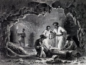 Samoun mağaralarındaki arkeolojik keşifler, Karl Girardet'in (1813-1871) çizimine dayalı gravür