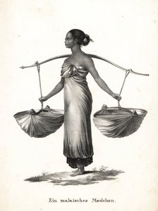 Saçları bir boyunduruktan spor ayakkabı taşıyan Malay kız bağladı. Heinrich Rudolf Schinz'in Illustrated Natural History of Men and Animals kitabından Karl Joseph Brodtmann'ın litografisi by Karl Joseph Brodtmann