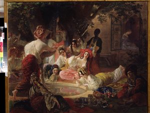 Bahçesaray Çeşmesi (Türkiye) (Bahçesaray Çeşmesi). Haremdeki kadınlar akvaryum balığı göletindeki çeşmeden suyla oynayan kadınlar. Karl Pavlovich Briullov (Briullov) (1799-1852) tarafından yapılan tablo. Tuval üzerine yağlıboya by Karl Pavlovich Bryullov