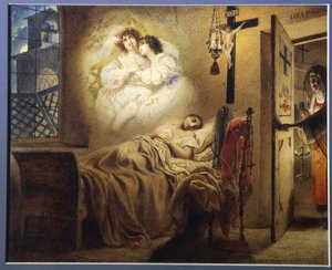 Bir rahibenin kabusu (Bir rahibenin kabusu). Uyuyan genç bir rahibe aşk dolu bir ilişkinin hayalini kurarken, baş anne hücrenin kapısını açar. Karl Pavlovich Briullov (Briullov) (1799-1852), karton üzerine sulu boya çalışması