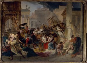 455'te Roma'nın Yağmalanması: Genseric (veya Geiseric) (yaklaşık 399-477) ve Vandallar Roma'yı işgal eder (Topal Geiseric Roma'yı işgal eder). Şehri yağmalayıp Menora'yı alıp götürürler. (Menorah) Karl Pavlovich Briullov'un (Bryullo