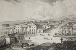 Otel ve Pyatigorsk merkezinin görünümü, 19. yüzyılın ortalarında by Karl Petrovich Beggrov