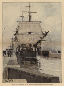 Kiel Kanalı Holtenau kilidindeki eğitim gemisi, Almanya (renkli gravür) by Karl Storch