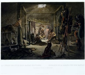 Bir Mandan Şefinin Kulübesinin İçi, Narcisse Edmond Desmadryl (d.1801) tarafından 1835 dolaylarında gravür (aquatint ile gravür) by Karl after Bodmer