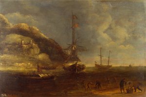 Denizcilik ve Balıkçıların Ön Planda Olduğu Sahil Görünümü (panelde yağ) by Kasper van Eyck