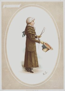 Uzun kahverengi paltolu, peruklu, şapkalı ve av kamçılı çocuk (renkli taş) by Kate (after) Greenaway