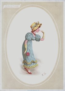 Mavi elbiseli kız, hasır şapkalı, elinde gül (renkli taş) by Kate (after) Greenaway
