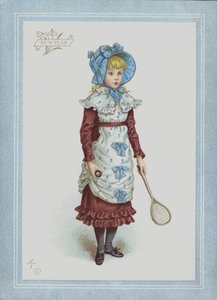 Elbiseli ve boneli kız, elinde raketle ve raketle (renkli taş) by Kate (after) Greenaway