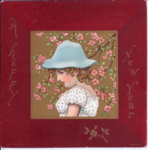 Naiplik kıyafetleri giymiş bir kızın elinde bir çiçek sepeti tutan Viktorya dönemi Noel kartı, 1880 dolayları by Kate Greenaway