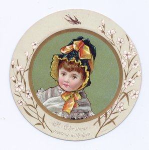Kolunu bir kitaba bakan bir kıza dolamış bir çocuğun Viktorya dönemine ait bir tebrik kartı, 1880 dolayları by Kate Greenaway